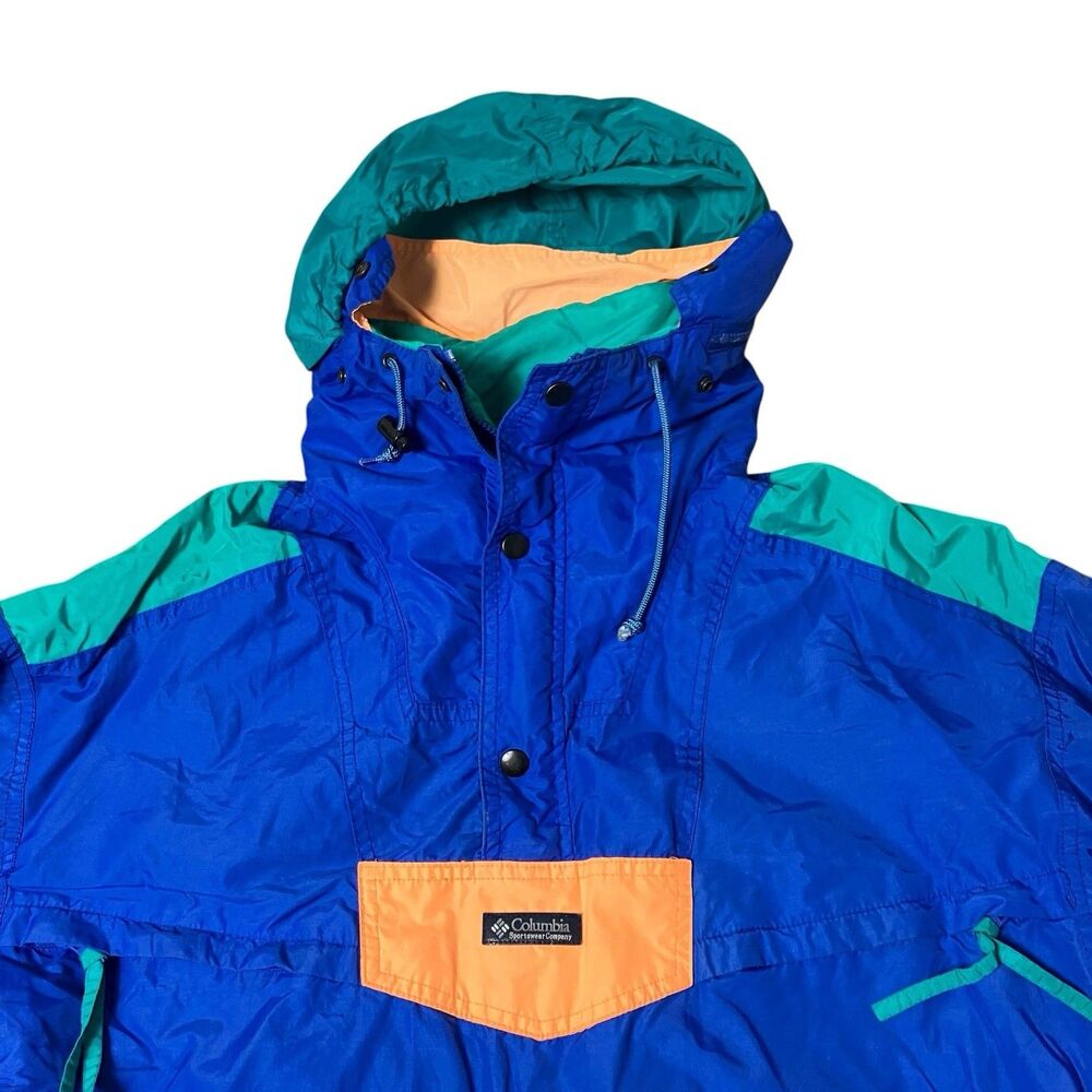 Columbia Ski Jacket Mens M Blue Teal Colorblock 90s Retro Snow Anorak Hooded VTG